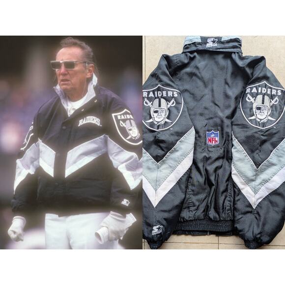 Los Angeles Raiders 90s STARTER puffer Al DAVIS jacket 2X blk silver NFL Pro vtg - Picture 1 of 10